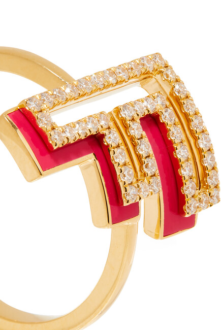 F Silhouette Ring, 18k Yellow Gold with Diamonds & Enamel